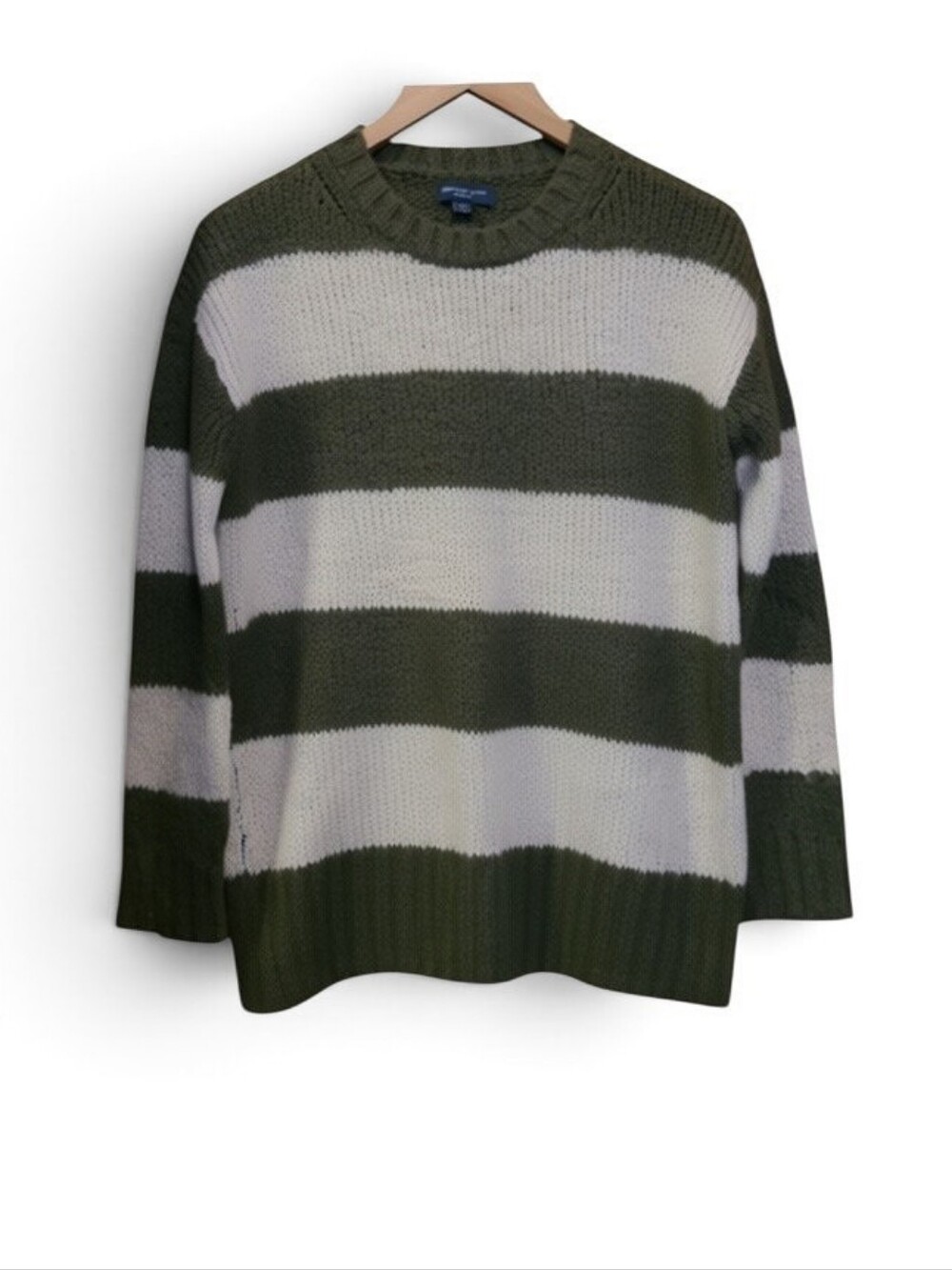 Women's AE Wool Blend Striped Sweater Medium Army Green & Cream